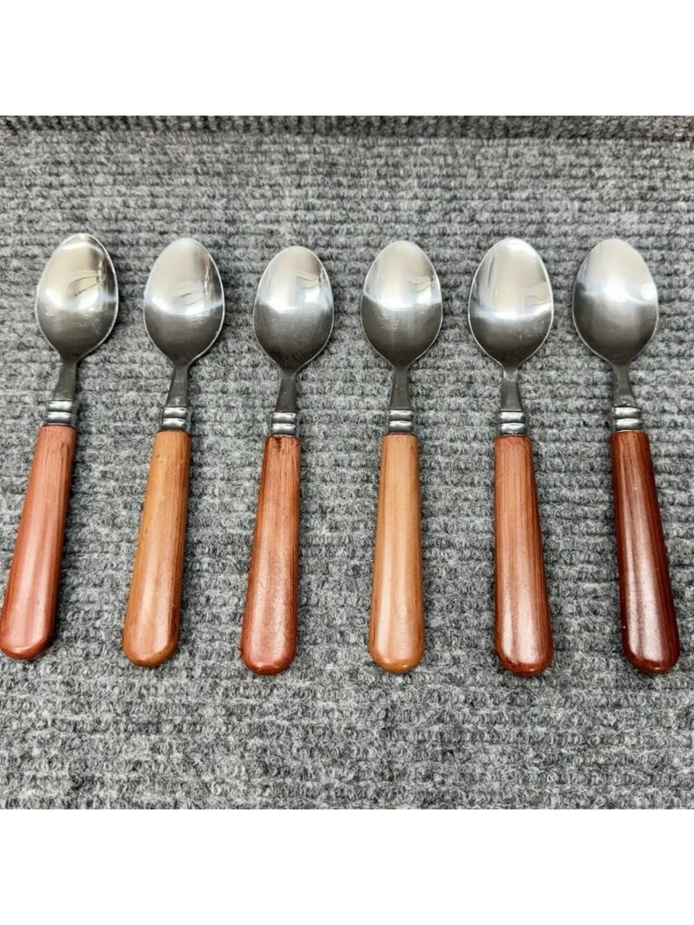Faberware Silverware Lot Of 6 Spoons Faux Wood Brown Handle Set Oval Vintage